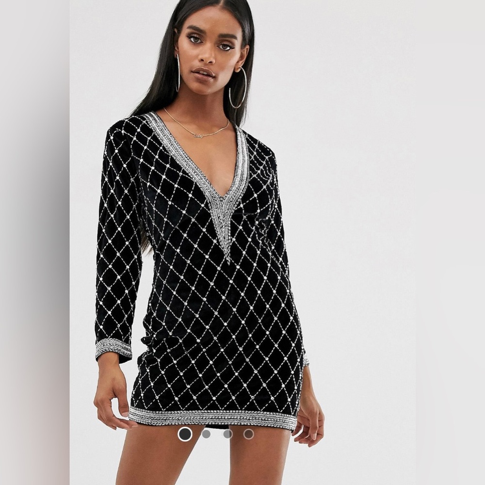 ASOS design embellished long sleeve plunge velvet mini dress